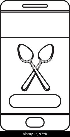 Smartphone avec l'application de l'alimentation et l'icône silhouette monochrome cuillères sur fond blanc Illustration de Vecteur