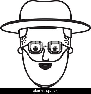 Visage masculin avec des lunettes, et découpez les cheveux et barbe et chapeau en silhouette monochrome Illustration de Vecteur