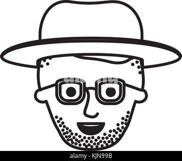 Visage masculin avec des lunettes, et découpez les cheveux et barbe et chapeau style long chaume dans silhouette monochrome Illustration de Vecteur