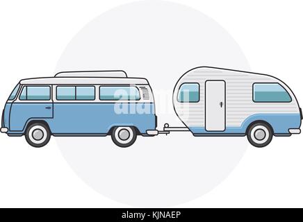 Retro van avec camping-remorque - minibus vintage side view Illustration de Vecteur