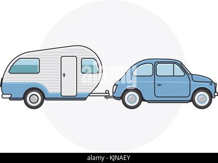 Voiture rétro avec remorque camping-car - voyage sur l'automobile vintage Illustration de Vecteur