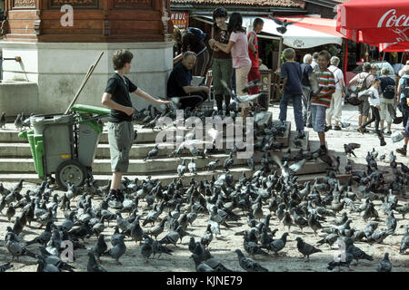 SARAJEVO, BOSNIE-HERZÉGOVINE - 5 JUIN 2008 : un adolescent nourrit des piegons à côté de l'emblématique fontaine Sebilj à Bascarsija, au centre de Sarajevo Pictur Banque D'Images