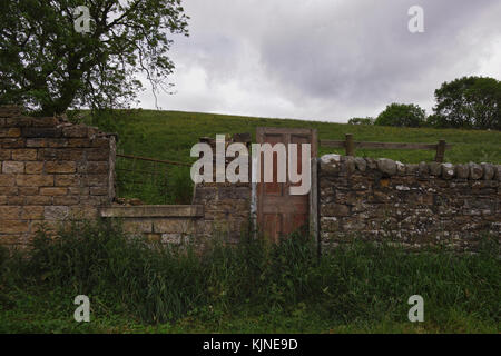 La porte de la campagne, dans la région de weardale dans le comté de Durham, Angleterre du Nord-Est. Une porte en bois est incorporée dans le mur de pierres sèches. Banque D'Images