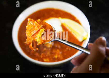 Un bol de soupe soljanka servi à Dresde, en Allemagne. Le plat a été réputé introduit dans l'est de l'Allemagne par l'occupation des troupes soviétiques après la Seconde Guerre mondiale. Banque D'Images