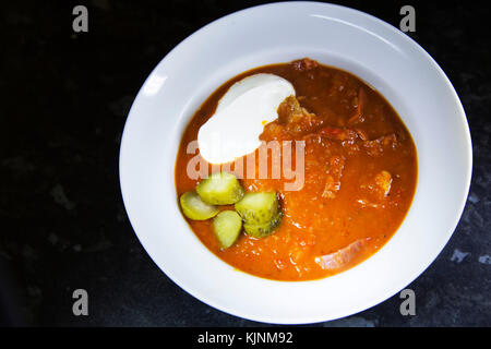 Un bol de soupe soljanka servi à Dresde, en Allemagne. Le plat a été réputé introduit dans l'est de l'Allemagne par l'occupation des troupes soviétiques après la Seconde Guerre mondiale. Banque D'Images