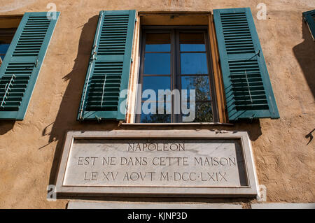 Corse : le signe de la maison Bonaparte à Ajaccio, le musée national, la maison ancestrale de la famille Bonaparte et le lieu de naissance de Napoléon Banque D'Images