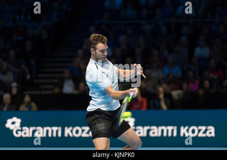 Samedi 18 novembre 2017. Grigor Dimitrov contre Jack Sock lors du match de soirée de demi-finale de Nitto ATP à l'O2, avec Dimitrov gagnant pour entrer en finale. Banque D'Images