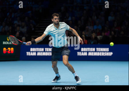 Samedi 18 novembre 2017. Grigor Dimitrov contre Jack Sock lors du match de soirée de demi-finale de Nitto ATP à l'O2, avec Dimitrov gagnant pour entrer en finale. Banque D'Images