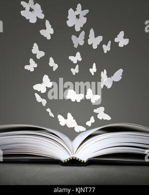 Un livre ouvert avec les papillons blancs sur fond gris Banque D'Images