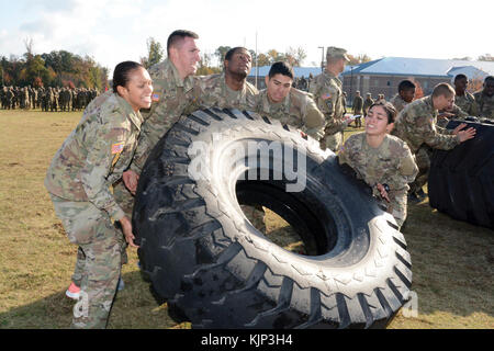 Les soldats de la Compagnie Bravo du 16e Bataillon d'artillerie, s'attaquer à un pneu exigeant physiquement obstacle flip qui faisait partie d'une compétition Défi Power Belt le 10 novembre sur le campus de l'artillerie. Le matin de l'événement depuis longtemps également inclus diverses races avec de l'eau cruches, ammo bidons et stetchers médical chargé avec 150 livres de l'aide d'abord les nuls. Les troupes aussi lancer des grenades à blanc, demontage et remontage des armes et participé à un remorqueur de guerre au jeu. Banque D'Images