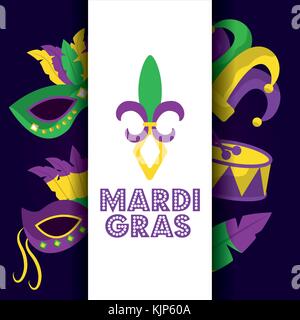 Carte mardi gras lettrage dot flor de lis tambour masque hat icons Illustration de Vecteur