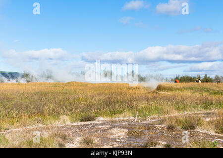 L'Islande, de haukadalur - septembre 6, 2017 : les touristes dans le pré à la région des sources chaudes de haukadalur en septembre. geyser haukadalur vallée est l'une des plus fa Banque D'Images