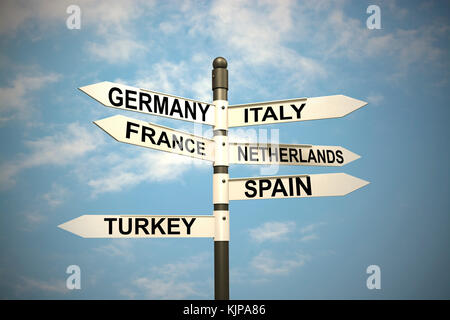 Les pays de l'Europe et signpost against blue sky,3d rendering. Banque D'Images