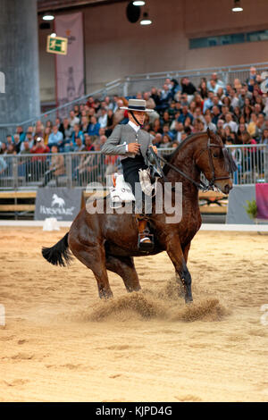 Madrid, Espagne. 24 novembre 2017. Le coureur Buenaventura Maestre Soria avec son cheval Alhambra dans la Coupe Maestros de la Vaquera 2017 à Madrid, Espagne crédit : EnriquePSans/Alamy Live News Banque D'Images