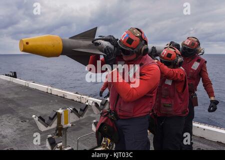 Transport des marins de la marine américaine et des munitions sur le poste de pilotage à bord de la marine américaine de classe nimitz porte-avions USS Ronald Reagan lors de l'exercice annuel, le 20 novembre 2017 dans la mer des Philippines. (Photo de macadam kane weissman par planetpix) Banque D'Images