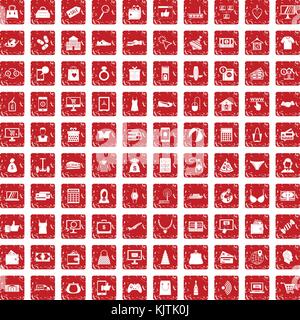 Magasinage en ligne 100 icons set rouge grunge Illustration de Vecteur