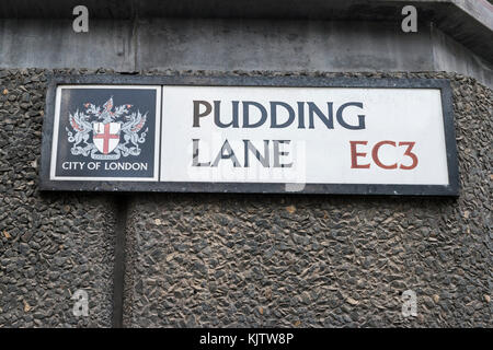 Pudding lane dans la ville de Londres, l'emplacement de l'endroit où le grand incendie de Londres en 1666 a commencé dans une boulangerie Banque D'Images