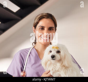 Certain young hispanic woman au travail comme médicaments vétérinaires, professionnels vet dog lors de l'appel. Visite de médecin des animaux animal malade à la maison, un sourire Banque D'Images