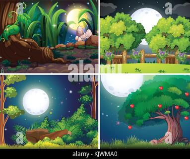 Quatre scènes de nuit de la forêt et de l'illustration du parc Illustration de Vecteur