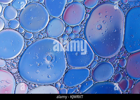 Les cercles de l'huile dans l'eau avec un fond rouge et bleu macro abstrait Banque D'Images