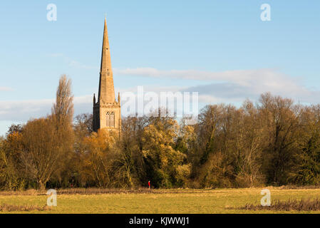 All Saints Church spire sur l'autre côté de la rivière Great Ouse à St Ives, vu de Hemingford Grey pré, Cambridgeshire, Angleterre, Royaume-Uni. Banque D'Images