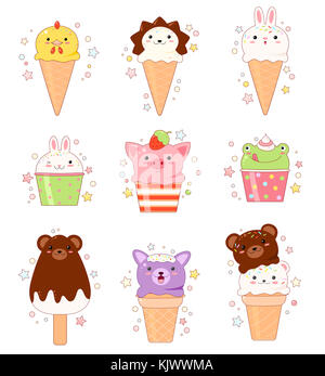 Vector set de glace en forme d'animaux. Vanille, chocolat, citron, fraise. Dans le style kawaii avec sourire et joues roses. Poulet, hérisson, ra Banque D'Images