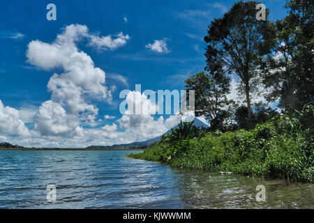 Le lac Arenal est le plus grand lac du Costa Rica avec une superficie de 85 kilomètres carrés. Le volcan Arenal en arrière-plan de la photo est l'un des volcans les plus actifs du monde, jetant des roches incandescentes à une hauteur de 300m. C'est aussi le plus jeune volcan du Costa Rica. La dernière éruption était de 2010. Banque D'Images