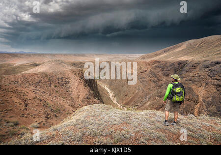 Sac à dos de voyage avec l'homme en chapeau et chemise verte sur le dessus du canyon à la recherche d'avis de tempête et la vallée de ciel noir Banque D'Images