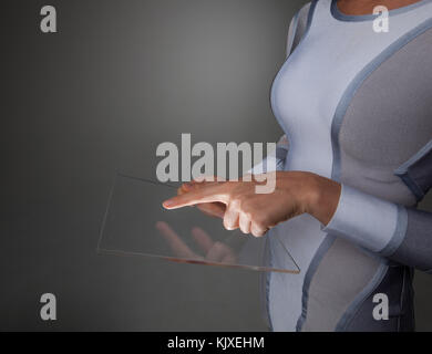 Female hands holding blank transparent futuriste digital tablet pc computer with copy space Banque D'Images