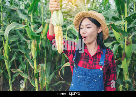 Happy Farmer posant dans le champ de maïs Banque D'Images