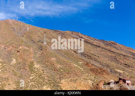 Le téléphérique du Mont Teide et les pylônes sur le côté de la montagne qui apportent les touristes jusqu'au sommet du volcan, Tenerife, Canaries, Espagne Banque D'Images