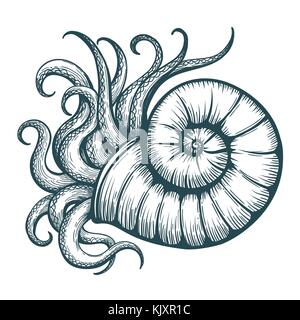 Hand drawn tentacules de la mer en shell style tatouage. vector illustration. Illustration de Vecteur