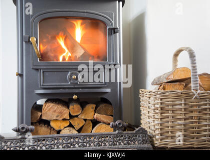 Les flammes du feu qui brûle dans les journaux nationaux ClearView multifuel brûleur poêle à l'intérieur de la maison, UK Banque D'Images
