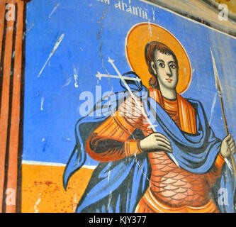 Une fresque religieuse intitulée 'Freska od Sv. Ilija vo Melnica', représentant un Elijah dans la région de Melnica. Cette fresque reflète l'art religieux régional et les pratiques culturelles en Europe de l'est. Banque D'Images