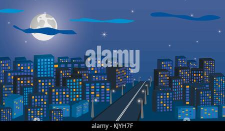 Nuit paysage urbain dans le contexte du ciel nocturne et la grande lune. une longue rue de la ville avec des lumières sur. Illustration de Vecteur