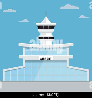 Bâtiment de l'aéroport à la tour de télévision de couleur solide et design. Illustration de Vecteur