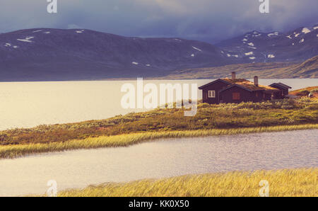 Chalet de pêche en bois en Norvège Banque D'Images