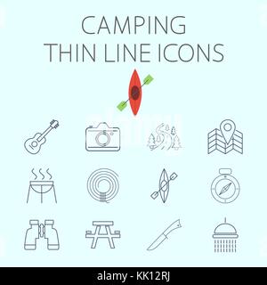 Camping fine ligne icône vecteur pour des applications web et mobiles. L'ensemble inclut - jumelles, guitare, cam, pin, carte, Installations pour Barbecue, corde, kayak, boussole, tableau Illustration de Vecteur