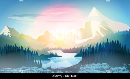 Forêt de pins avec lac de montagne au lever ou au coucher du soleil - vector illustration Illustration de Vecteur