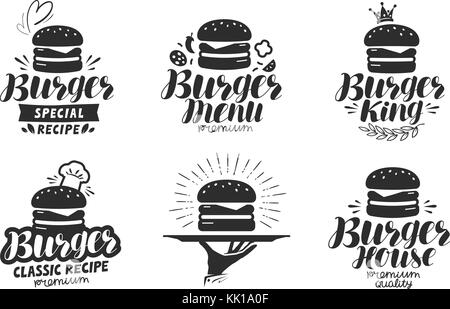 Burger, logo ou icône de restauration rapide, emblème. Étiquette pour restaurant ou café de conception de menu. Illustration vectorielle de lettrage Illustration de Vecteur