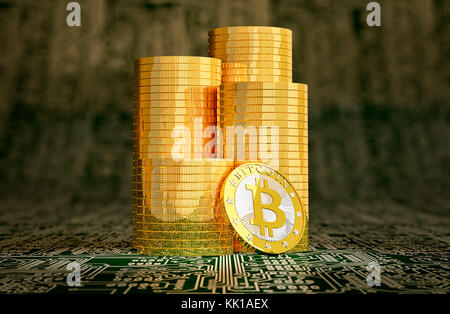 Bitcoin or sur présentation de la carte de circuit - 3D Rendering Banque D'Images