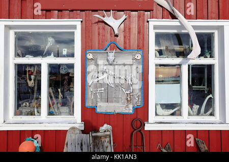 Excentriquement ornate-rouge façade peinte de rorbu-cabane de pêche saisonnières traditionnelles maintenant pour les touristes à côté de fv888-laukvikveien road-nw.côté de austva Banque D'Images