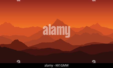 Vue panoramique sur le paysage de montagne avec du brouillard dans la vallée ci-dessous avec l'alpenglow orange ciel et soleil levant - vector Illustration de Vecteur