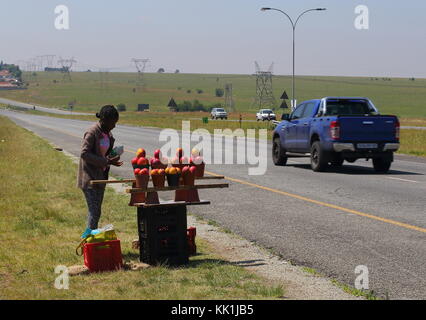 Johannesburg, Afrique du Sud - un des jeunes non identifiés d'automobilistes vend des mangues dans une tentative de générer quelque revenu que le chômage est très répandu Banque D'Images