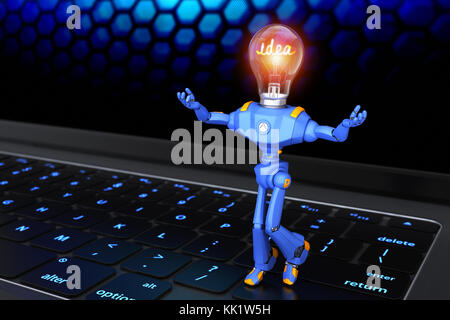 Petit robot debout sur clavier. 3d illustration Banque D'Images