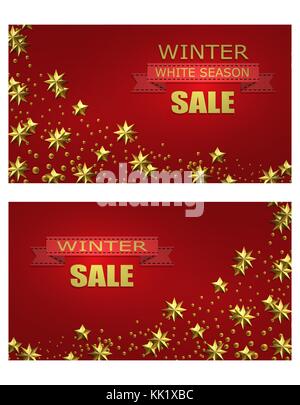 Noël Nouvel an. flyer, cartes de visite, cartes postales. Les invitations à la vente d'hiver. Lumineux et étoiles d'or. Un ruban avec une inscription. Illustration de Vecteur