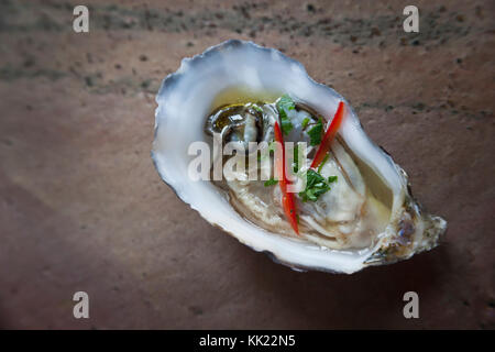 Huîtres fraîches en demi-coquille avec red chili et herbes sur base de pierre Banque D'Images