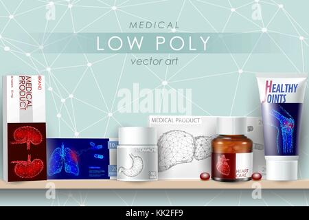 Médecine réaliste 3d maquette de drogue. Le flacon en verre capsule pilules remède guérir les maladies de santé. low poly organe humain la technologie future business concept vector illustration Illustration de Vecteur