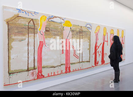 Galeries Serpentine, Londres, Royaume-Uni. 29 novembre, 2017. Dans son premier grand salon de Londres/institutionnel, l'artiste britannique Rose Wylie présente son dynamisme, à grande échelle, peintures figuratives qui représentent une gamme de sujets, de la prairie-parc de Kensington Gardens et un Arsenal vs Spurs match de Quentin Tarantino Kill Bill des films et de la culture de la célébrité, y compris Elizabeth Taylor, Penelope Cruz et Nicole Kidman. Photo : bracelet noir (cils) 2014 ; NK (Syracuse) Line-up 2014. Collection privée. Posés avec galerie personnel. Credit : Malcolm Park/Alamy Live News. Banque D'Images