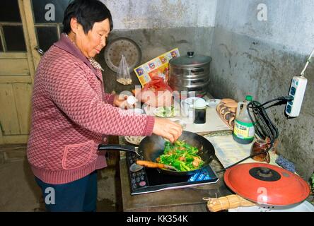 Femme de l'agriculteur la cuisson de repas de légumes sur une plaque électrique en cuisine de la ferme dans le village de poli près de Penglai, dans la province de Shandong, Chine Banque D'Images